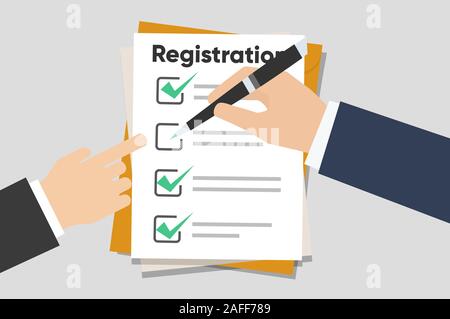 Man hold Registration clipboard with checklist. Man hold in hand clipboard agreement. Flat design, vector illustration Stock Vector