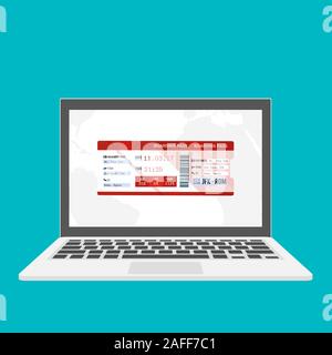 Laptop with electronic boarding pass airline ticket icon isolated on blue background. Passenger plane mobile ticket for web and app.  Stock Vector
