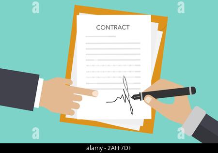 Contract signing. A male left hand holds a document, the right hand signs. Modern concept for web banners, web sites, infographics.  Stock Vector