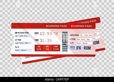 Traveling by plane. Airline boarding pass ticket tear-off element set, isolated on transparent background.  Stock Vector