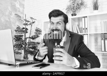Encrypted communication app will protect your company secrets. Bearded man use wireless communication in office. Businessman establish online communication with customers. Business communication. Stock Photo