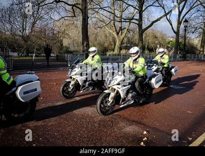 Metropolitan Police Special Escort Group Motorcycle Riders on Horse Guards Road on the day after the General Election 2019 Stock Photo