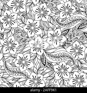 Hand drawn seamless pattern with leaves and flowers. Doodles floral ornament. Black and white decorative elements. Perfect for wallpaper, adult coloring books, web page background, surface textures. Stock Vector