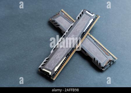 Two memory modules. Fast  DDR4 RAM. Gamer DRAM sticks. PC gaming components. Stock Photo