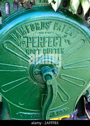 Bamfords Patent,Perfect root cutter,machine in green,Uttoxeter,England,UK