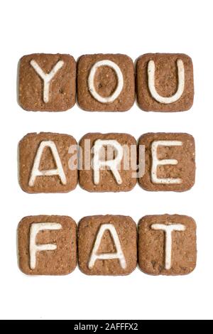 White letters on a chocolate cookie. The inscription diet concept "you are fat". text YOU ARE FAT made with letters on cookies on a white background Stock Photo