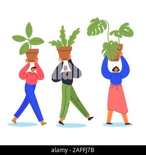 Young people carry plants in pot.Gardening concept Stock Vector