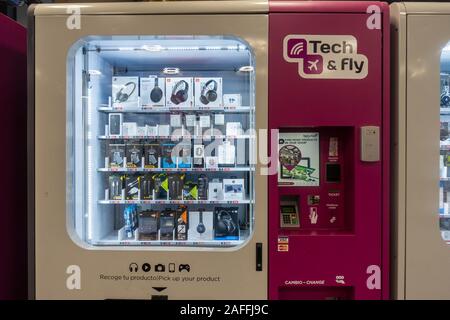 Vending machines owned by Tech & Fly allow customers to quickly buy technology devices in Madrid-Barajas Adolfo Suárez Airport, MAdrid, Spain Stock Photo