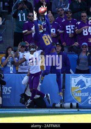 Carson, United States. 15th Dec, 2019. Los Angeles Chargers' receiver Mike Williams hauls in a second quarter touchdown pass defended by Minnesota Vikings Mike Hughes at Dignity Health Sports Park in Carson, California on Sunday, December 15, 2019. Photo by Jon SooHoo/UPI Credit: UPI/Alamy Live News Stock Photo