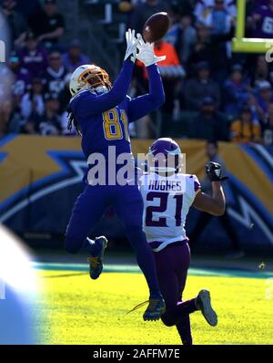 Carson, United States. 15th Dec, 2019. Los Angeles Chargers' receiver Mike Williams hauls in a pass defended by Minnesota Vikings Mike Hughes at Dignity Health Sports Park in Carson, California on Sunday, December 15, 2019. Photo by Jon SooHoo/UPI Credit: UPI/Alamy Live News Stock Photo