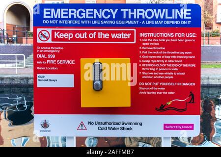 Anti-vandal emergency throwline at Salford Quays, Manchester, UK Stock Photo