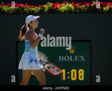 Stefanie Voegele of Switzerland in action during her second-round match at the 2019 BNP Paribas Open WTA Premier Mandatory tennis tournament Stock Photo