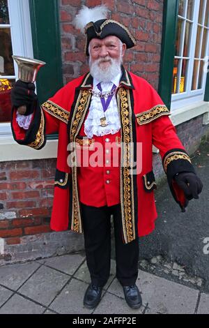 Lymm Town crier, Lymm Dickensian Weekend 2019,The Cross, Lymm, Warrington, Cheshire,England, WA13 Stock Photo