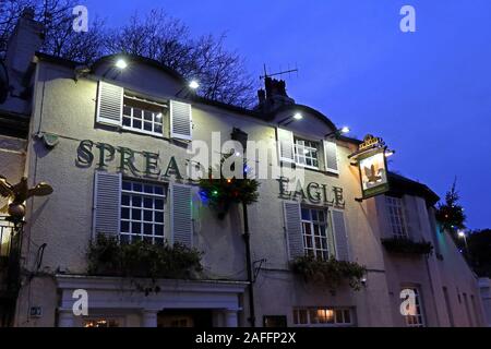 Spread eagle pub,47 Eagle Brow, Lymm,Warrington,Cheshire,England,UK, WA13 0AG, at dusk, winter Stock Photo