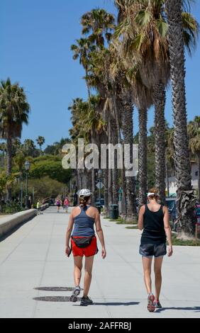 Rear view of two young women in summer attire taking a walk alongside soaring palm trees at the Harbor on Cabrillo Blvd, Santa Barbara, CA, USA Stock Photo