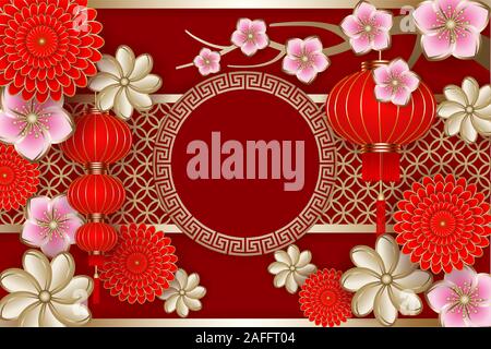 chinese new year background with flowers, lanterns and decorations with space for your text Stock Vector