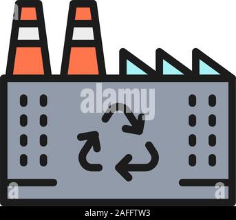 Waste recycling plant, garbage factory flat color line icon. Stock Vector