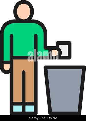 Man throwing out garbage, trash flat color line icon. Stock Vector