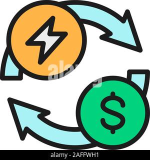 Purchase and sale of electricity, energy and money exchange flat color line icon Stock Vector