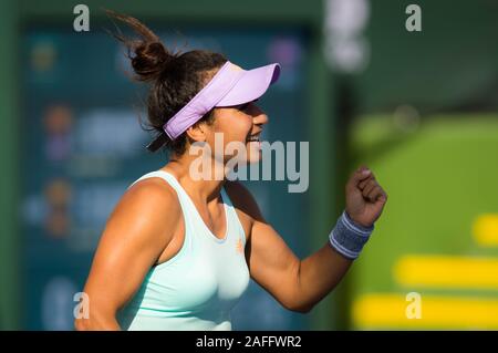 Heather Watson of Great Britain playing doubles at the 2019 BNP Paribas Open WTA Premier Mandatory tennis tournament Stock Photo