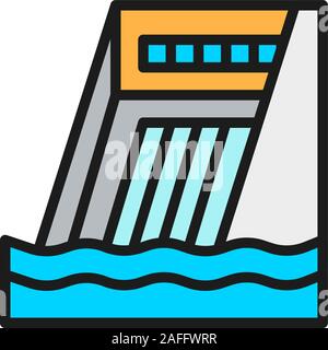 Water dam, hydro power plant, hydroelectric station flat color line icon. Stock Vector