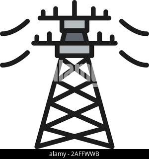 High voltage electric line pylon, energy pole flat color line icon. Stock Vector