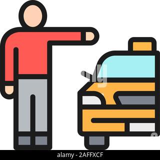 Man catching taxi cab, hitchhiking flat color line icon. Stock Vector