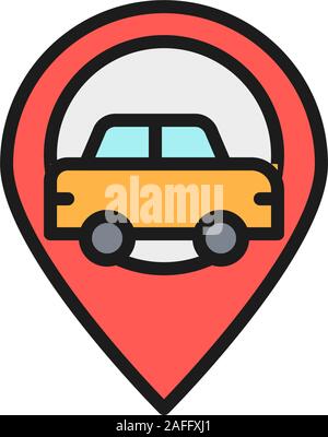 Car location, map pointer with taxi flat color line icon. Stock Vector