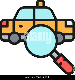 Vector taxi search, find car flat color line icon. Stock Vector