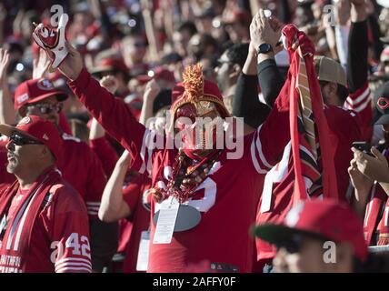Santa Clara, United States. 15th Dec, 2019. A San Francisco 49ers fan cheers as the Niners take on the Atlanta Falcons at Levi's Stadium in Santa Clara, California on Sunday, December 15, 2019. The Falcons defeated the 49ers 29-22. Photo by Terry Schmitt/UPI Credit: UPI/Alamy Live News Stock Photo