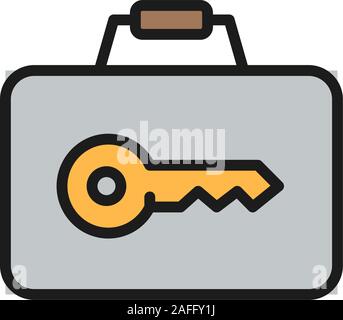 Briefcase with key, luggage storage service flat color line icon. Stock Vector