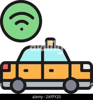Vector Wi-Fi car, taxi wireless flat color line icon. Stock Vector