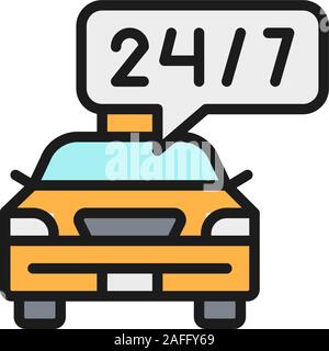 Round-the-clock taxi service, car deadline, schedule ride flat color line icon. Stock Vector