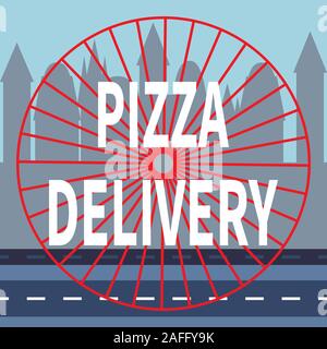 Pizza delivery. Stylized wheel is rolling along highway. Red sectors of circle. Flat vector illustration on city silhouette background. Street food de Stock Vector