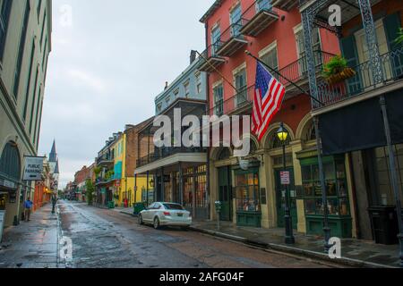 Historic Buildings on Chartres Street between Toulouse Street and St Louis Street in French Quarter in New Orleans, Louisiana, USA. Stock Photo
