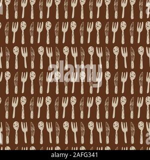 Vector brown forks, spoons and knife cutlery monochrome repeat pattern. Perfect for fabric, scrapbooking and wallpaper projects. Stock Vector