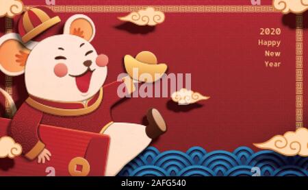 White mouse holding red packet and gold ingot on red background in paper art style Stock Vector