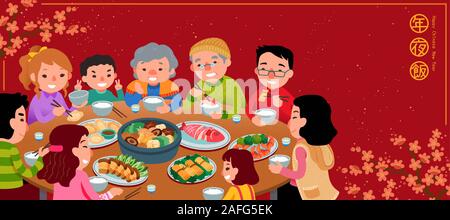 Family enjoy their reunion dinner for spring festival on red background in flat style, Chinese text translation: New year dishes Stock Vector