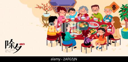 Family enjoy their reunion dinner for new year's eve in flat style, Chinese text translation: New year dishes Stock Vector