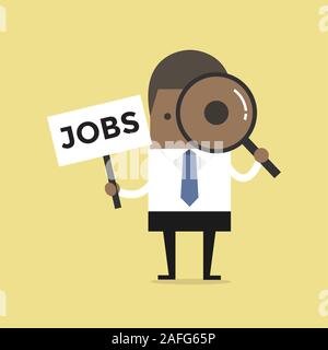 African businessman looking through a magnifying glass with Jobs Sign. vector Stock Vector