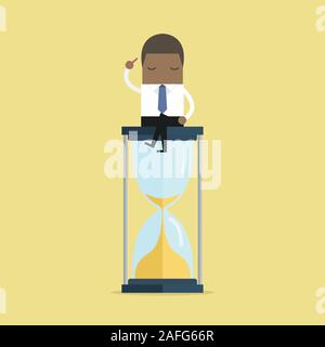 African businessman keeps thinking and sitting on a hourglass, creative thinking. vector Stock Vector