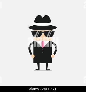 Man in hat suit raincoat and glasses. The detective undercover. Stock Vector