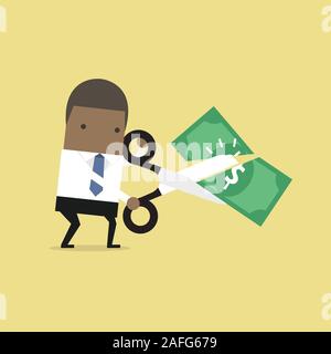 African businessman hands holding scissors and cutting dollar. vector Stock Vector