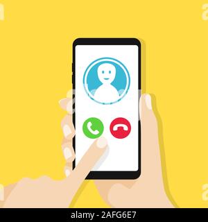 Incoming call on smartphone screen. One hand holds smartphone and finger touch screen. vector Stock Vector