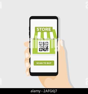 Scan to buy, Online market. Smartphone with QR code. Scan and pay. Stock Vector
