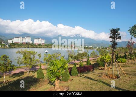 Panoramic view of Lake Hạ, Lai Châu City, Vietnam. outlet