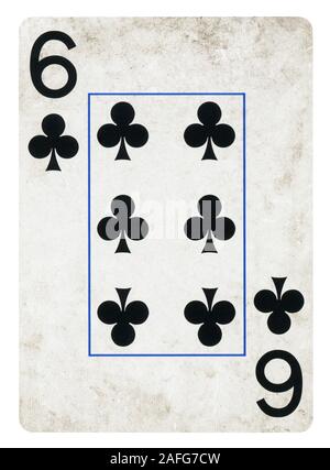 Six of Clubs Vintage playing card - isolated on white (clipping path included) Stock Photo