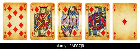 Diamonds Suit Playing Cards, Set include Ace, King, Queen, Jack and Ten - isolated on white. Stock Photo