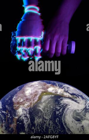 Hand of mand and robot with plastic bottle above the Earth. Humanity and technology together guard and protect nature. Elements of this image furnishe Stock Photo