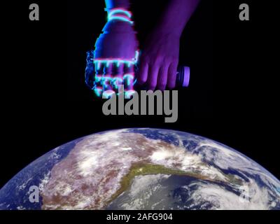 Hand of mand and robot with plastic bottle above the Earth. Humanity and technology together guard and protect nature. Elements of this image furnishe Stock Photo